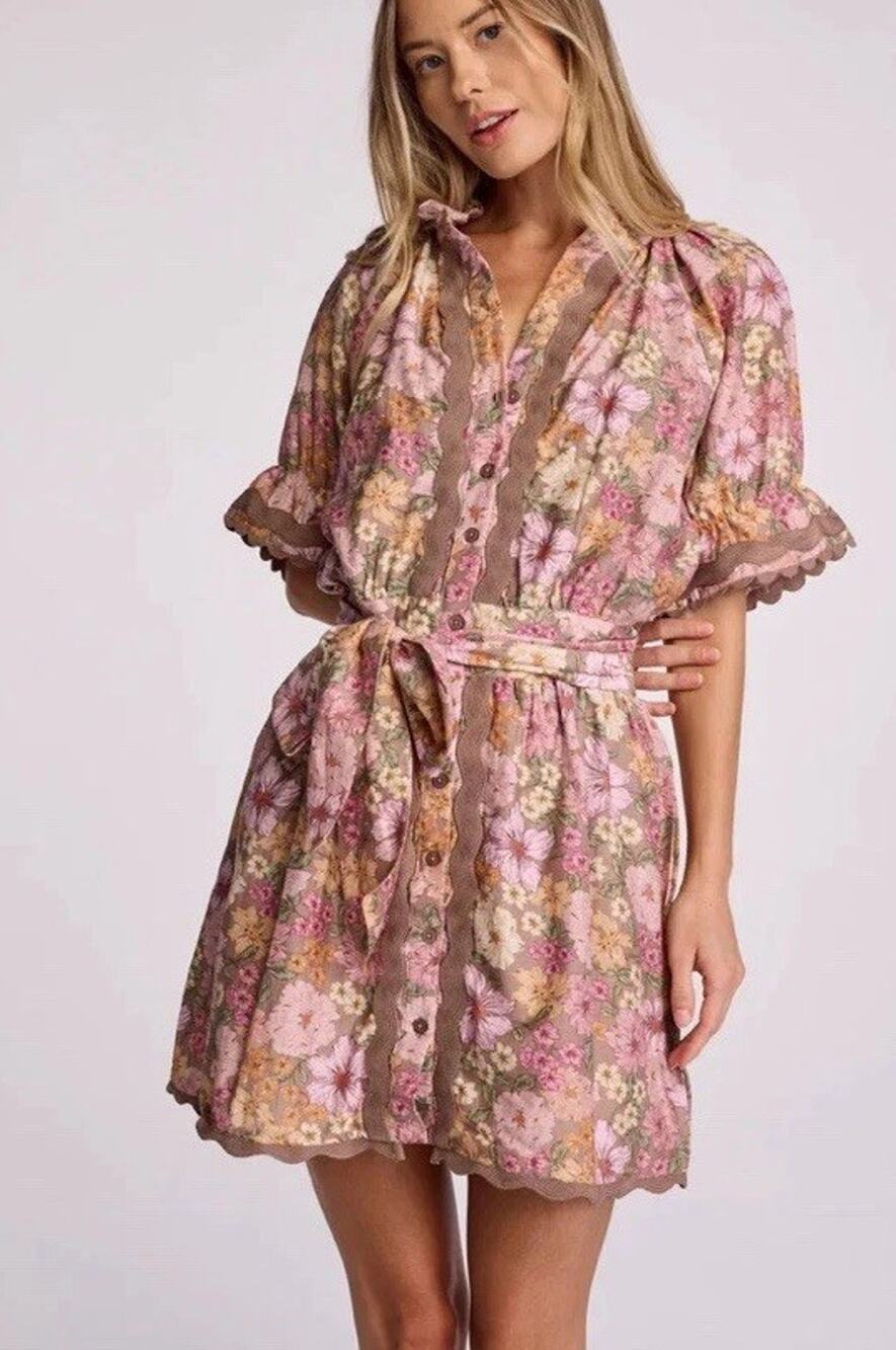 Sundays Evelyn Floral Tie Waist Shirt Dress Anthropologie Puff Sleeve Sz XS Boho